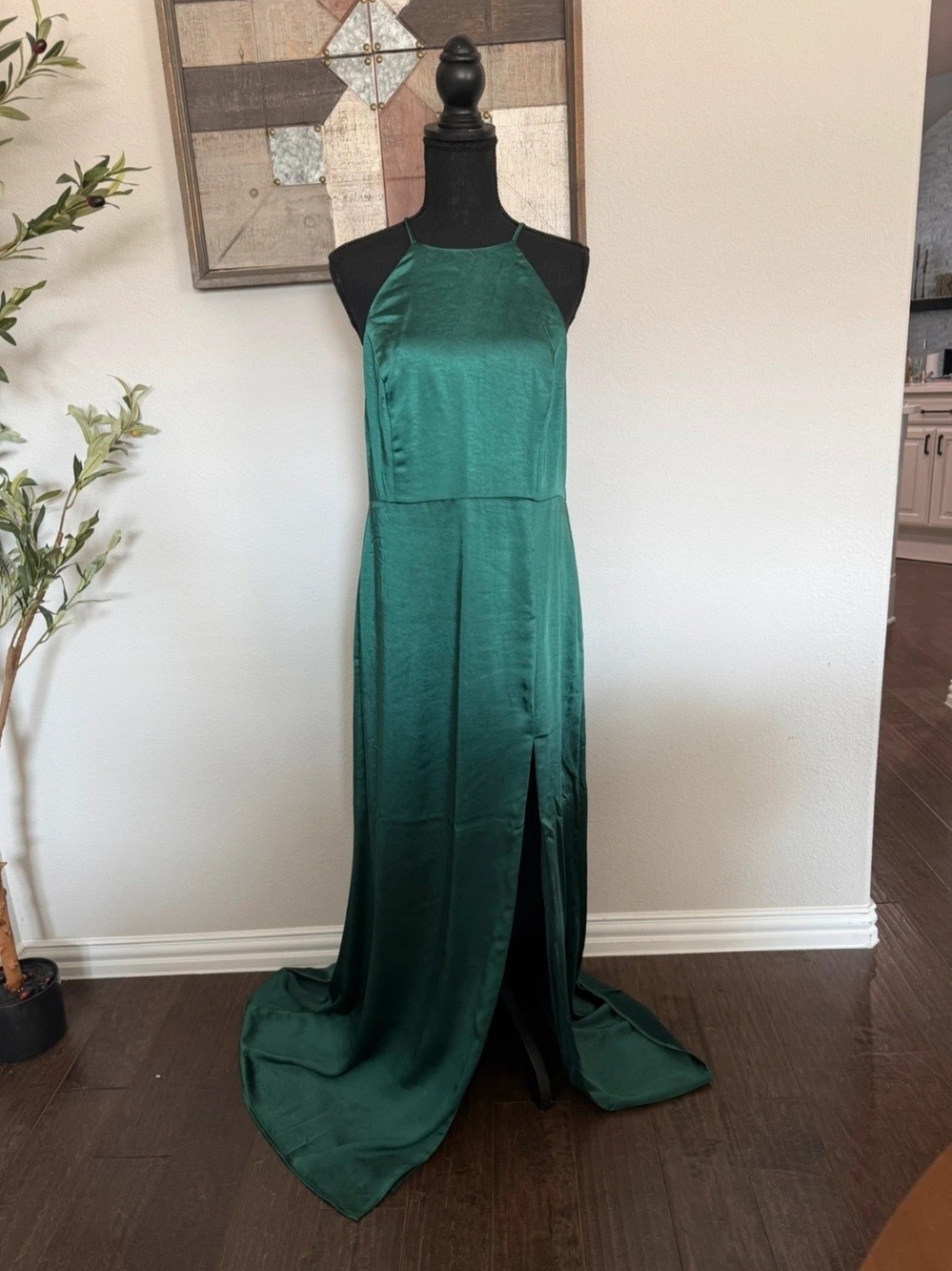 Emerald Green Satin Halter Evening Dress